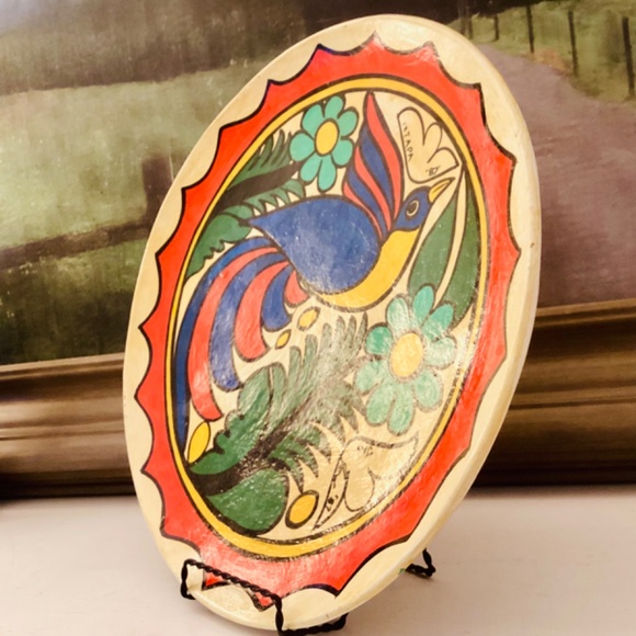 Mestizo Folk Art Tonala Mexican Hand painted Platter Florals Bird Ixtapa 1987 - Picture 10 of 14